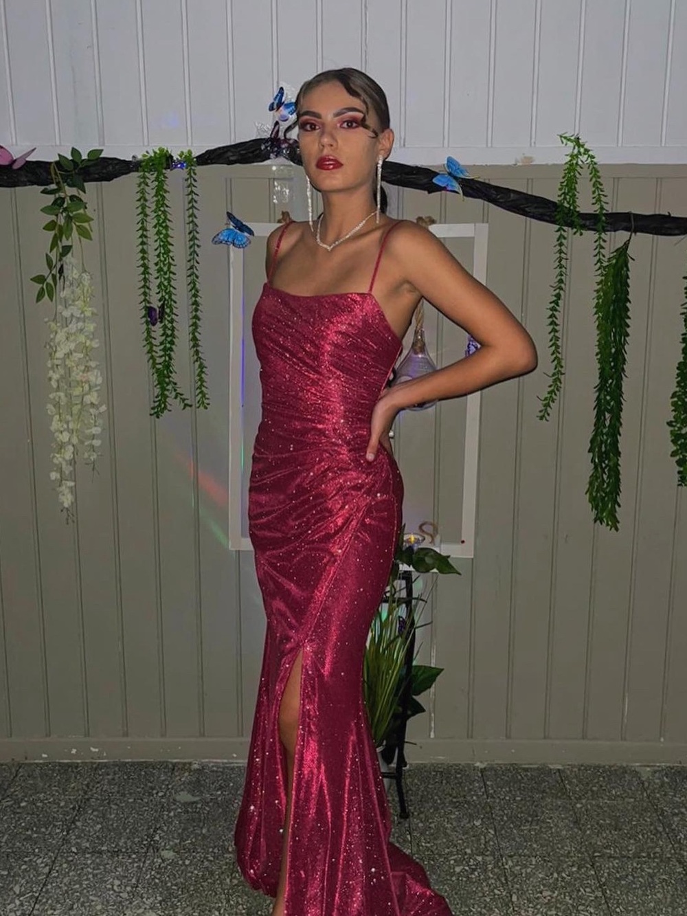 Elegant Fuchsia Sequin Ruched Evening Gown